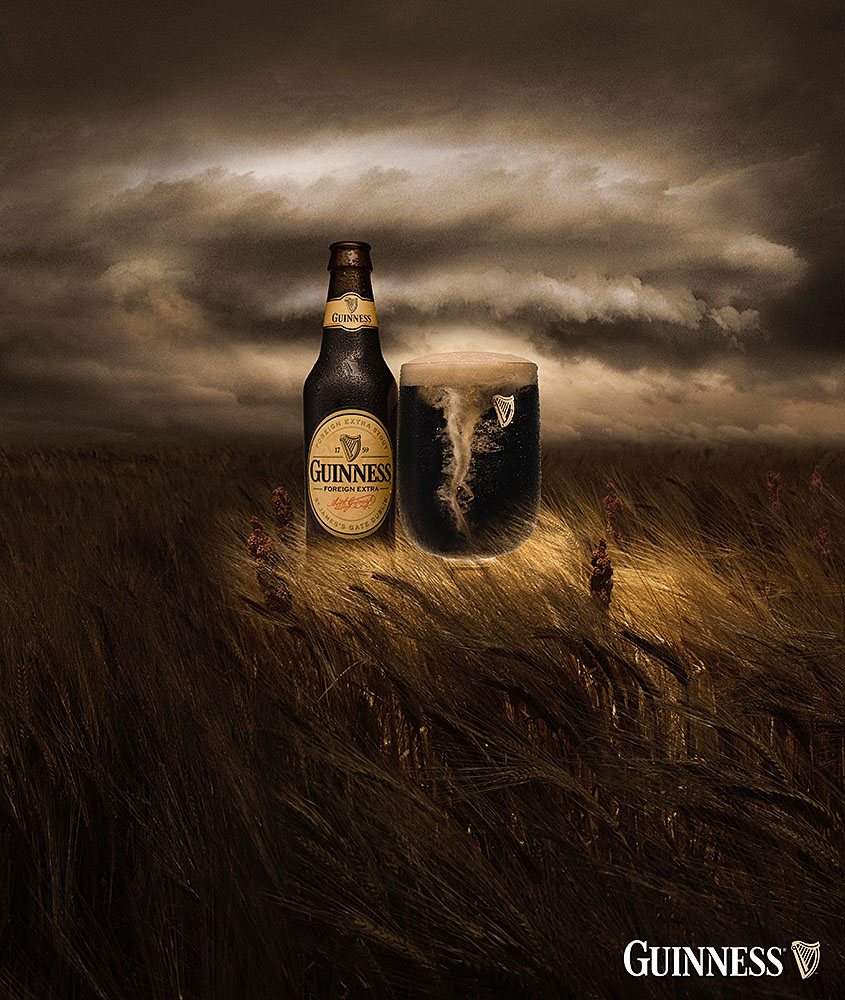 Tornado in a glass of Guinness Stout for an African campaign commissioned by Saatchi & Saatchi Cape Town. Photoshoot both on location and at Jonathan Knowles' London studio.