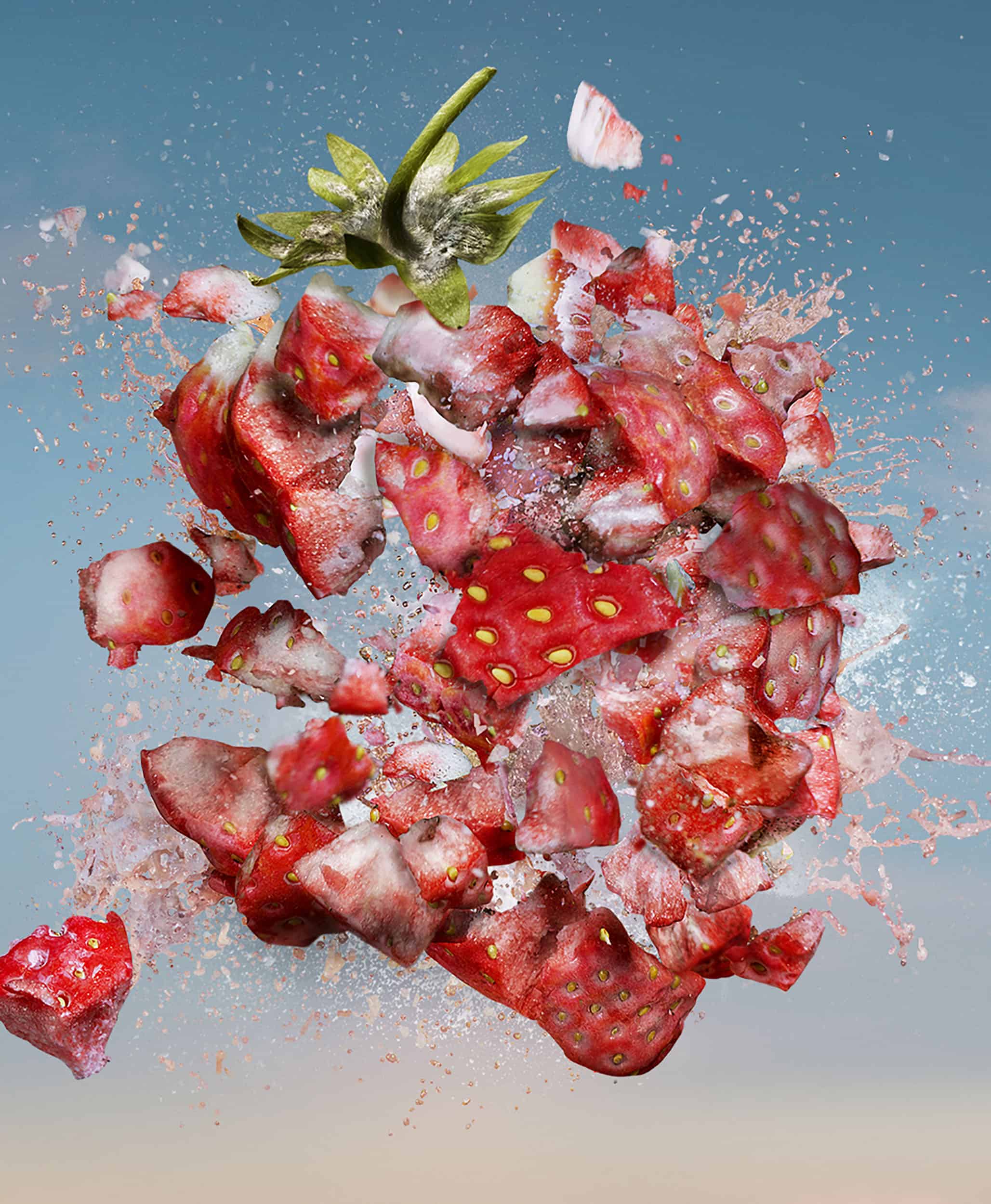 Strawberry exploding in mid air
