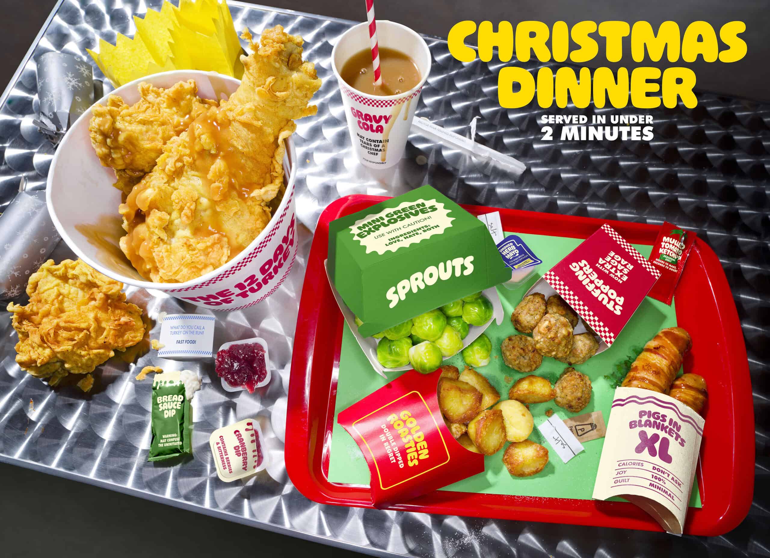 Birdseye view of fast food items sitting on a metallic reflective table. Kentucky fried turkey legs sit in a white and red bucket and drizzled in gravy. Gravy sits in a tall white and red cup with a red and white paper straw. Red tray sits on the table with brussel sprouts in a green takeaway burger box. Stuffing ball are rolling out of a red and white carton. Golden roast oast potatoes are rolling out of a red and yellow takeaway chip bow. Two pigs in blankets sit in a cream and dark red cardboard sleeve.