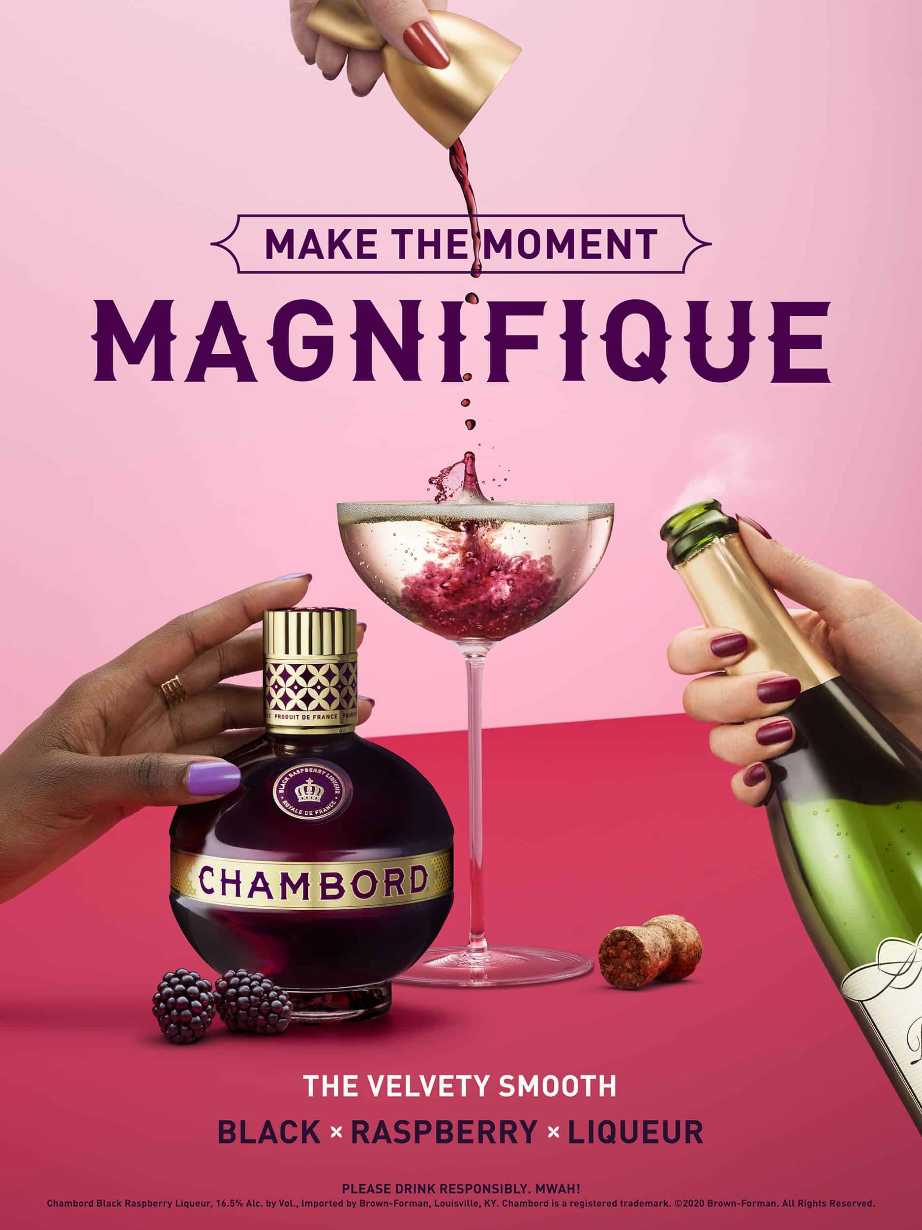 Hands and bottles making Royale drink with liquid alchemy
